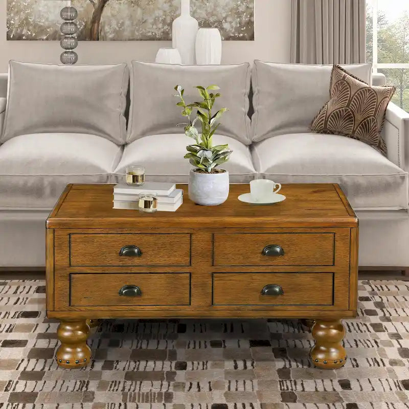 Table basse rectangulaire en bois massif de 40 po avec 4 tiroirs