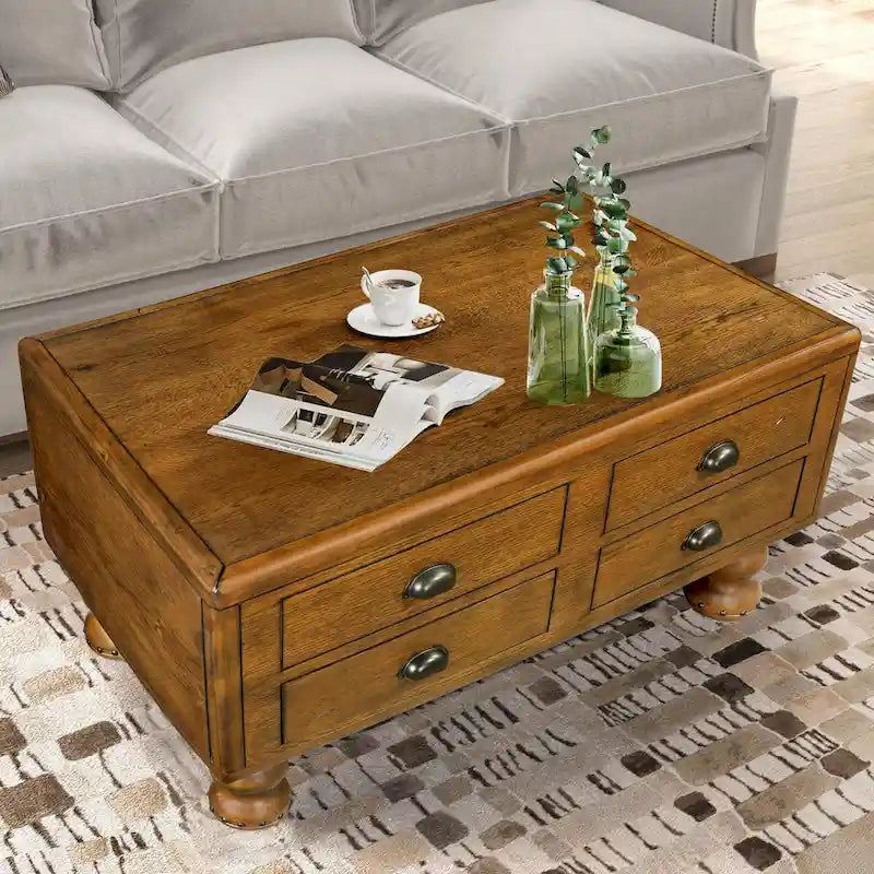 Table basse rectangulaire en bois massif de 40 po avec 4 tiroirs