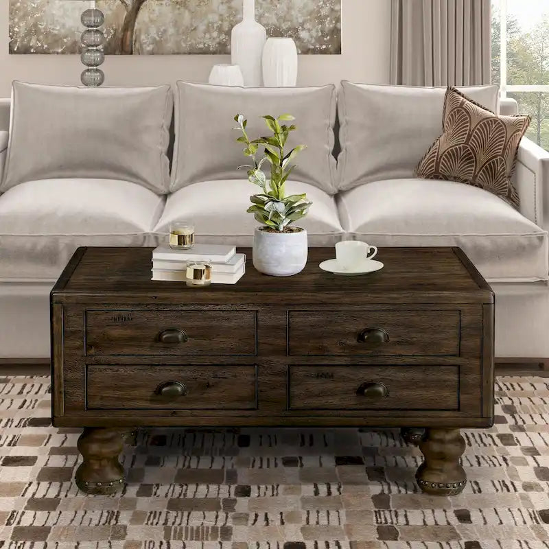 Table basse rectangulaire en bois massif de 40 po avec 4 tiroirs