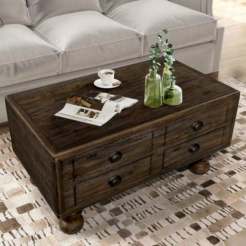 Table basse rectangulaire en bois massif de 40 po avec 4 tiroirs