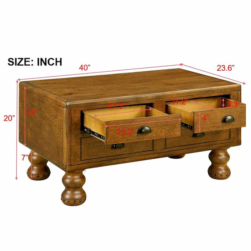 Table basse rectangulaire en bois massif de 40 po avec 4 tiroirs
