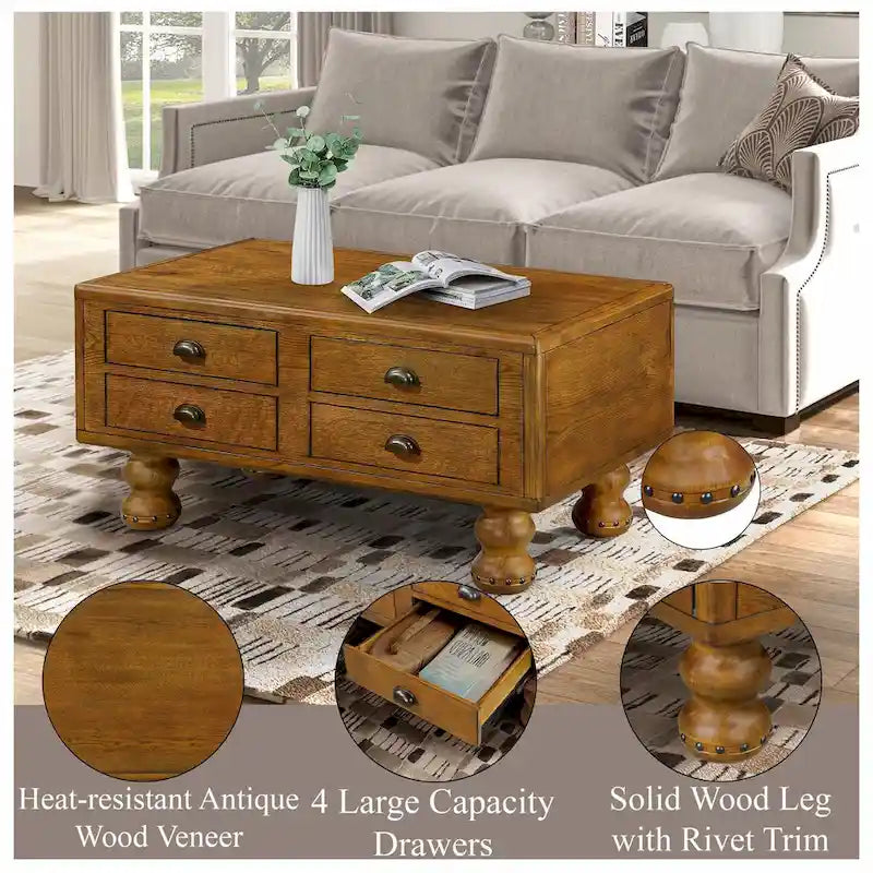 Table basse rectangulaire en bois massif de 40 po avec 4 tiroirs