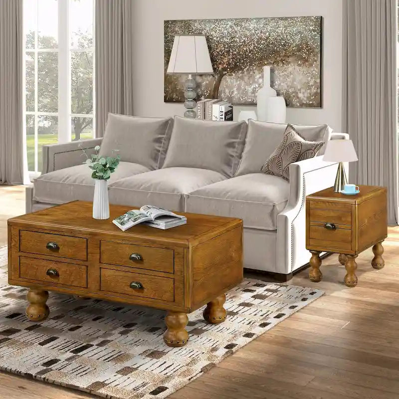 Table basse rectangulaire en bois massif de 40 po avec 4 tiroirs