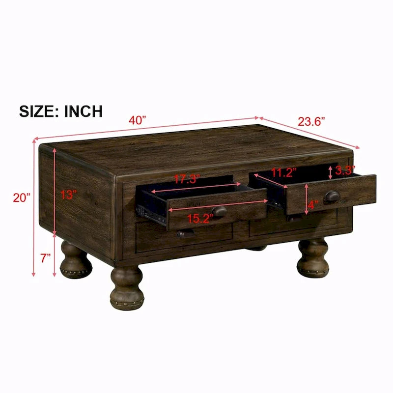 Table basse rectangulaire en bois massif de 40 po avec 4 tiroirs