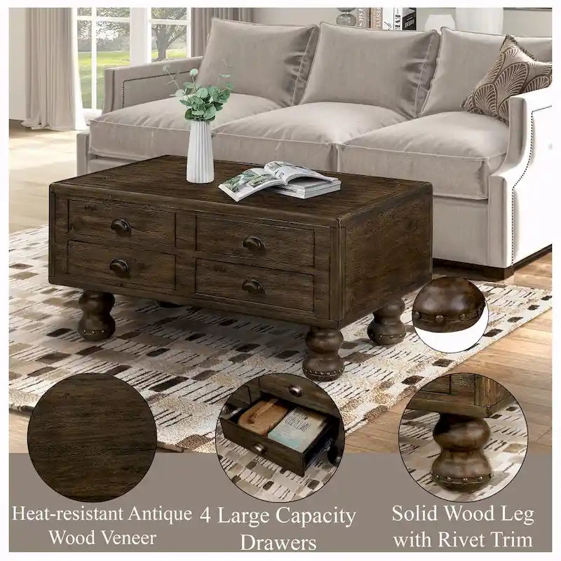 Table basse rectangulaire en bois massif de 40 po avec 4 tiroirs