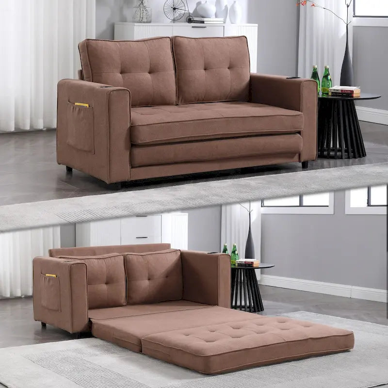Oaks Aura Upholstered Futon Sofa with Pull-Out Sleeper Couch, Muticolour Choice Foldable Tufted Loveseat With Cup Holder