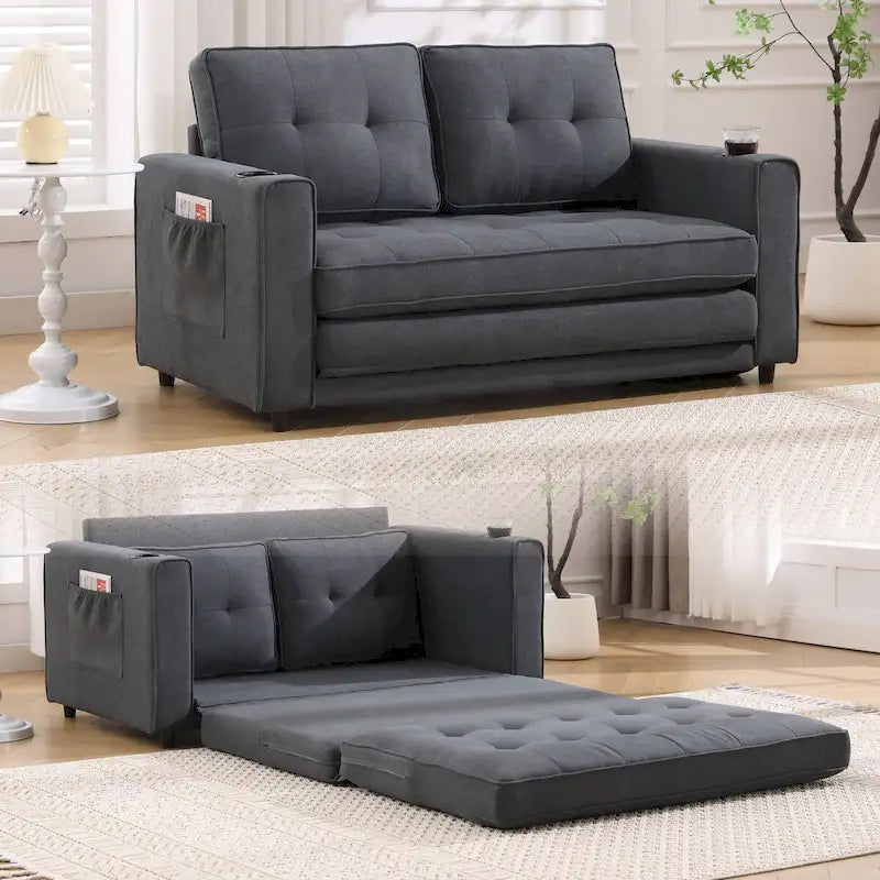 Oaks Aura Upholstered Futon Sofa with Pull-Out Sleeper Couch, Muticolour Choice Foldable Tufted Loveseat With Cup Holder