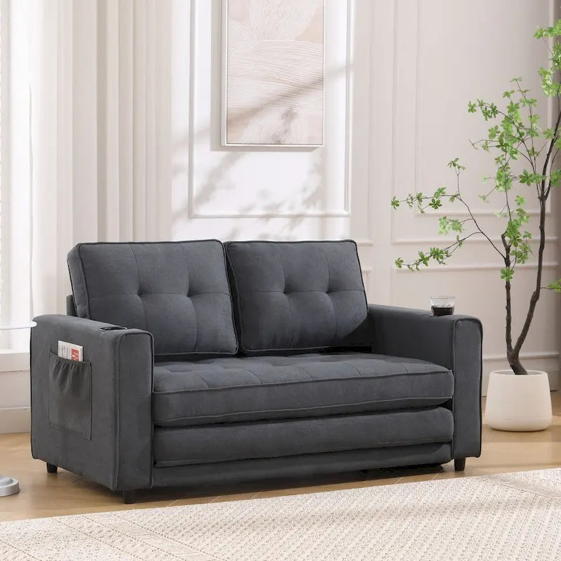 Oaks Aura Upholstered Futon Sofa with Pull-Out Sleeper Couch, Muticolour Choice Foldable Tufted Loveseat With Cup Holder