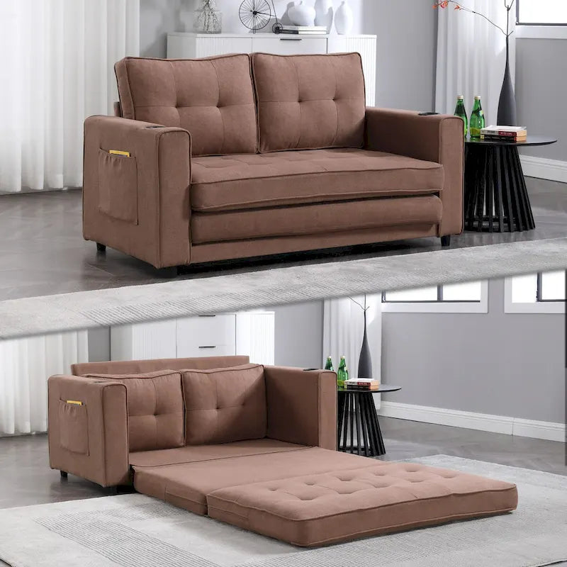 Oaks Aura Upholstered Futon Sofa with Pull-Out Sleeper Couch, Muticolour Choice Foldable Tufted Loveseat With Cup Holder